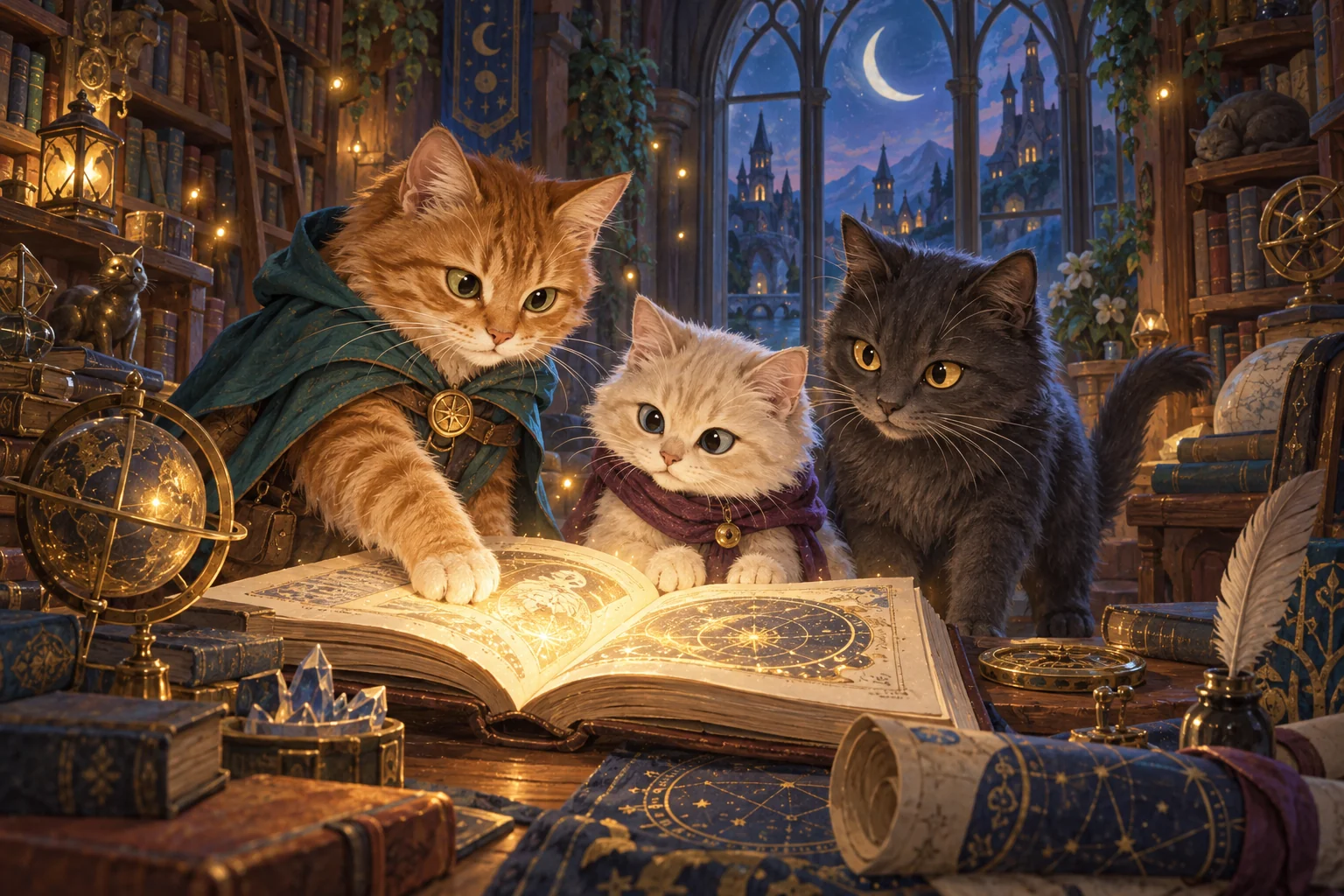 Три кошки в волшебной библиотеке изучают сияющую книгу